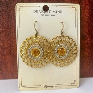 Filigree Medallion Earrings Pierced Gold Silver Tone Topaz Crystal Rhinestone
